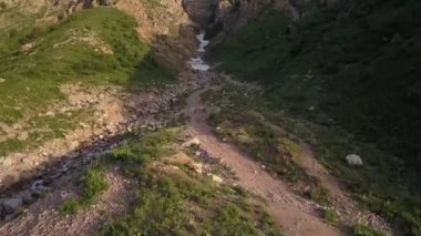 İnsansız hava aracı dağların arasındaki yeşil tepelerin üzerinden havalanıyor. Güneşli bir yaz günü. Hava Görünümü
