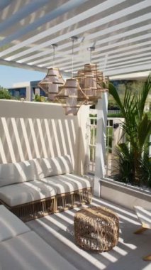 Güneşli bir günde Dubai 'de lüks bir villanın arka bahçesinde bir kanepenin altında. Dışarıda, Yavaş Hareket.