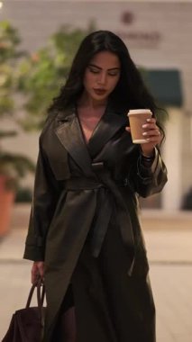 Uzun yağmurluklu esmer bir kadın elinde bir fincan kahveyle setin yanında yürüyor. Yavaş Hareket