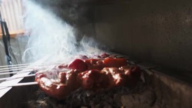 Tavuk, et ve ciğer kebabı açık ızgarada kömürle kızartılır. Yavaş Hareket, Kapat.