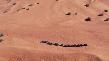 Bir dron çöl kum tepeciğinde duran fayton kervanının üzerinden uçuyor. Hava Görünümü.