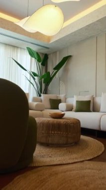 Dubai 'de pahalı bir özel villada oturma odası. Panoramik pencerelerden güneş ışığı alıyor. Yavaş Hareket.