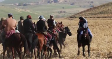 Taşkent, Özbekistan - 210 2023: Bir grup atlı, tepelerdeki sarı sonbahar çimenleri arasında dörtnala koşuyor. Orta Asya, Yavaş Hareket, Yakın Çekim.