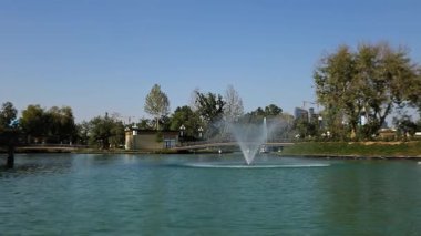 Turistli tekneler kıyıda ağaçlarla birlikte şehir gölünde yelken açıyor. Güneşli bir yaz günü. Yavaş Hareket