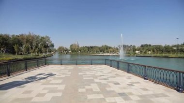 Şehir gölünün üzerinde çeşmelere bakan iskele boyunca bir yürüyüş. Güneşli bir yaz günü. Yavaş Hareket