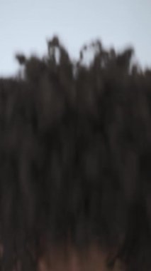 Kasvetli saçı ve parlak makyajı olan genç bir mankenin dikey portresi. Rujlu boya küpleri. Yavaş Çekim, Yakın Çekim. Stüdyo çekimi.