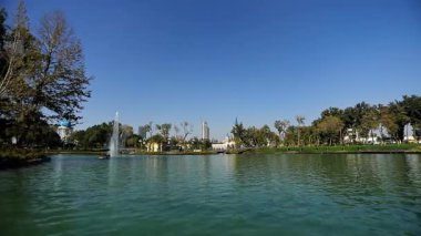 Turistli tekneler kıyıda ağaçlarla birlikte şehir gölünde yelken açıyor. Güneşli bir yaz günü. Yavaş Hareket