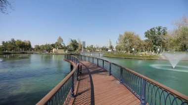 Şehir gölünün üzerinde çeşmelere bakan iskele boyunca bir yürüyüş. Güneşli bir yaz günü. Yavaş Hareket