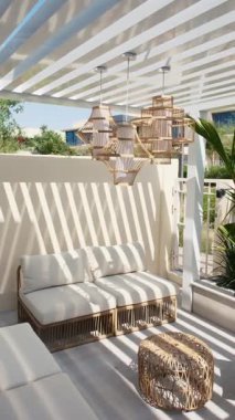 Güneşli bir günde Dubai 'de lüks bir villanın arka bahçesinde bir kanepenin altında. Dışarıda, Yavaş Hareket.