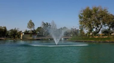 Şehir gölünde turistli tekneler fıskiyelerin etrafında yüzüyor. Güneşli yaz günü Yavaş Hareket