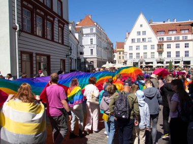TALLINN, ESTONIA - 10 Haziran 2023: Eşcinsel özgürlük ve çeşitlilik geçidi, mutlu katılımcılar yürüyüşü. Baltık Gururu, her yıl düzenlenen LGBT festivali.