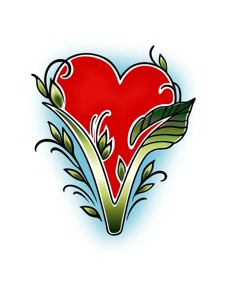 Signo Silueta Corazón Rojo Vegano Con Letra Hoja Verde Floral — Foto de Stock