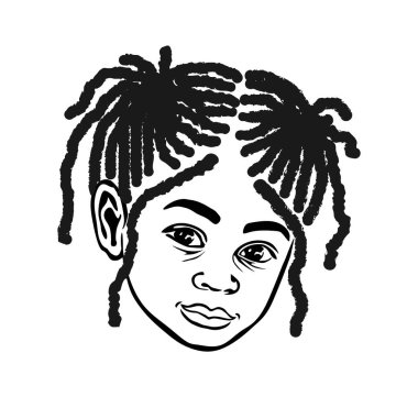 Siyah Afrika kökenli küçük kız portresi. Kafasında iki kahverengi puf saçlı at kuyruğu var. Şirin bebek silueti çizimi, dalgalı saçlar. Afro çocuk saçı.