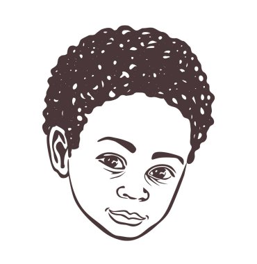 Şirin afro bebek silüeti çizimi, kıvırcık saçlar. Kahverengi Afrikalı Amerikalı küçük prens profili. Baş portresi. Çocuk saçı..