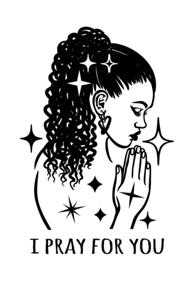 Black White Afro Woman Praying African American Nubian Princess Queen - Stok Vektor