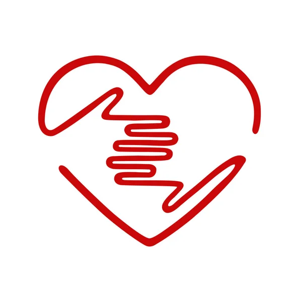 Two hands hugging red heart.Hand embrace heart shape icon sign.Love symbol.Huggies.Hug me.Vector outline silhouette drawing.Logo.Print.Plotter laser cutting. Cricut cut.Concept idea of donation,help.
