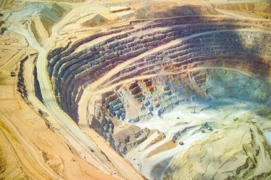 Close-up aerial view of the pit of a copper mine at the altiplano of the Atacama Desert in northern Chile