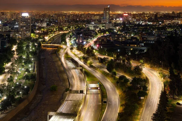 Emelkedett Kilátás Santiago Chile Belvárosára Naplementekor — Stock Fotó