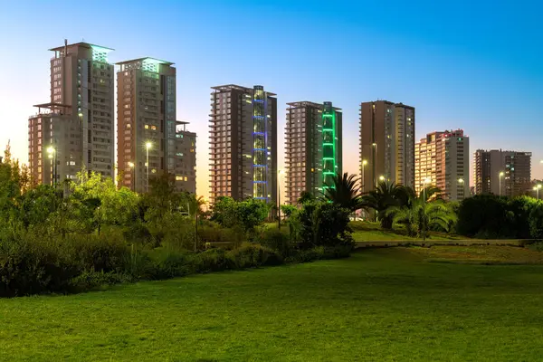 stock image Skyline of buildings at the coastal city of Renaca from La Foresta de Renaca Park, Valparaiso Region, Chile