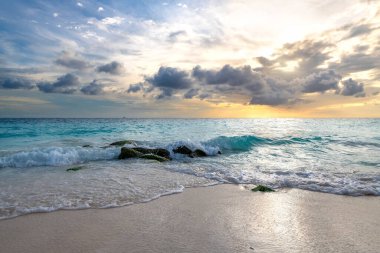 Aruba 'daki Divi Sahili' nde günbatımında yumuşak kumlar ve yumuşak dalgalar bulunur. Ziyaretçiler, tropikal atmosferde güneşlenirken ve doğal güzellikleri sersemletirken huzurlu anların tadını çıkarabilirler..