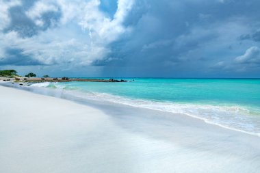 Turkuaz suları ve Aruba 'da beyaz kumları olan güzel bir sahil..