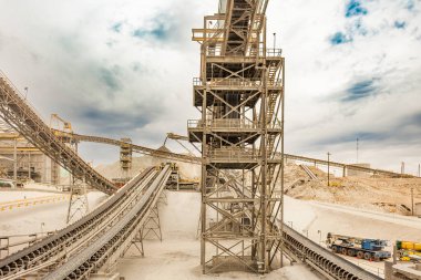 Peru 'nun bakır madenciliği endüstrisi: Karmaşık bir taşıma bandı ağı, geniş bir gökyüzü altındaki bir işleme tesisinde mineral taşıyor.