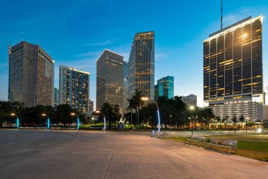Alacakaranlıkta Miami 'nin etkileyici manzarası, aydınlatılmış binalar ve ön planda sakin bir Bayfront Parkı..