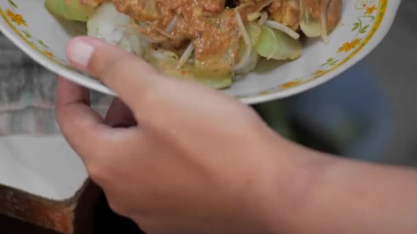 这种随时可以吃的带有调味品和蔬菜的红葡萄酒 被转移到一个有切片龙通的盘子里 供食用 — 图库视频影像