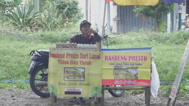 Malang Indonesia 2023 흡연하는 구매자를 기다리는 길가에서 소금에 달걀을 — 비디오