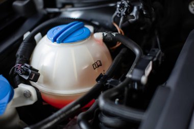 Kırmızı antifriz tankı. Araba soğutucu deposunu kapatın..