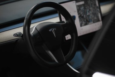 Direksiyondaki Tesla logosu. Yakın çekimli Tesla direksiyonu.