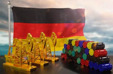 Almanya 'nın petrol pazarı. Altından yapılmış yağ pompası ve metalden yapılmış variller. Petrol üretimi, depolama ve değer kavramı. Arka planda Almanya bayrağı. 3d Hazırlama.