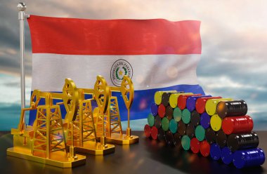 Paraguay 'ın petrol pazarı. Altından yapılmış yağ pompası ve metalden yapılmış variller. Petrol üretimi, depolama ve değer kavramı. Arka planda Paraguay bayrağı var. 3d Hazırlama.
