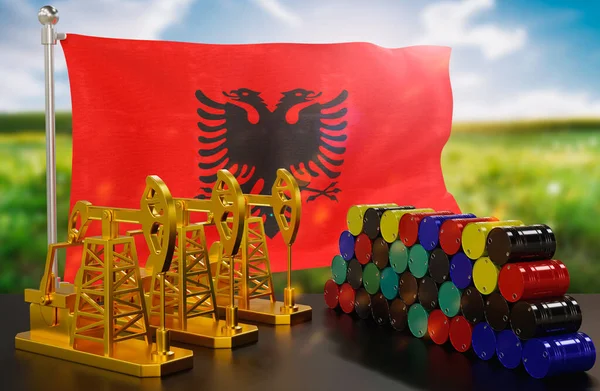 Albaniens Oljemarknad Oljepump Guld Och Fat Metall Begreppet Oljeproduktion Lagring — Stockfoto