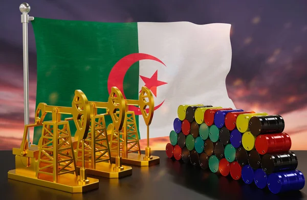 Algériai Kőolajpiac Aranyból Fémhordókból Készült Olajszivattyú Olajtermelés Tárolás Értékteremtés Fogalma — Stock Fotó
