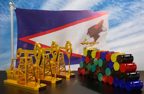 The American Samoa's petroleum market. Oil pump made of gold and barrels of metal. The concept of oil production, storage and value. American Samoa flag in background.  3d Rendering.