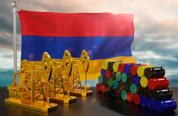 The Armenia\'s petroleum market. Oil pump made of gold and barrels of metal. The concept of oil production, storage and value. Armenia flag in background.  3d Rendering.