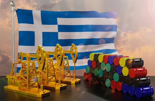 Greklands Oljemarknad Oljepump Guld Och Fat Metall Begreppet Oljeproduktion Lagring — Stockfoto