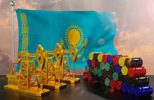 Kazakistan 'ın petrol pazarı. Altından yapılmış yağ pompası ve metalden yapılmış variller. Petrol üretimi, depolama ve değer kavramı. Arka planda Kazakistan bayrağı var. 3d Hazırlama.