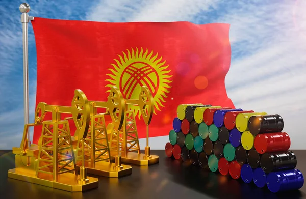 Marché Pétrolier Kirghizistan Pompe Huile Barils Métal Concept Production Stockage — Photo
