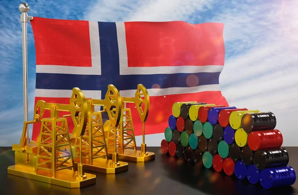 Der Norwegische Ölmarkt Ölpumpe Aus Gold Und Fässer Aus Metall — Stockfoto