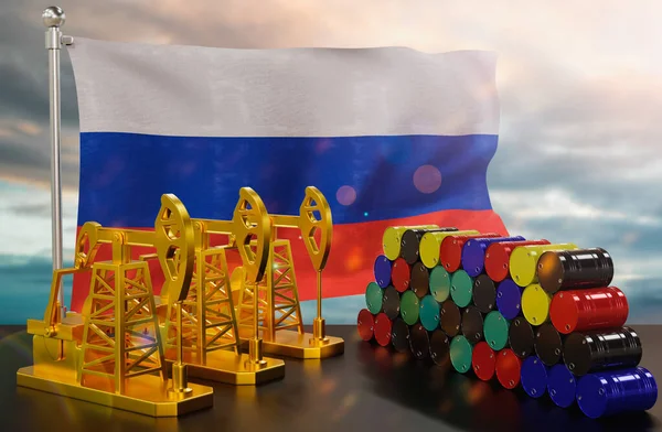Нефтяной Рынок России Нефтяной Насос Золота Бочки Металла Концепция Добычи — стоковое фото