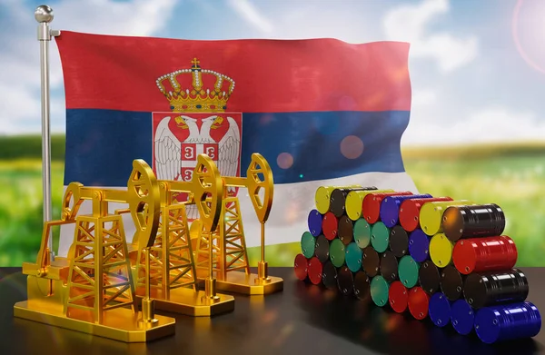 Нафтовий Ринок Сербії Насос Золота Бочок Металу Концепція Видобутку Зберігання — стокове фото