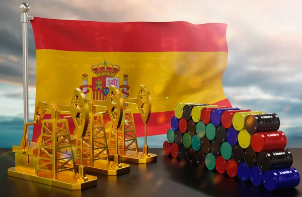 Spaniens Oljemarknad Oljepump Guld Och Fat Metall Begreppet Oljeproduktion Lagring — Stockfoto