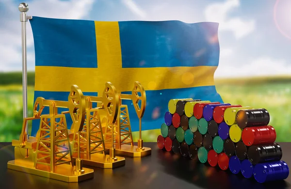 Шведський Нафтовий Ринок Насос Золота Бочок Металу Концепція Видобутку Зберігання — стокове фото
