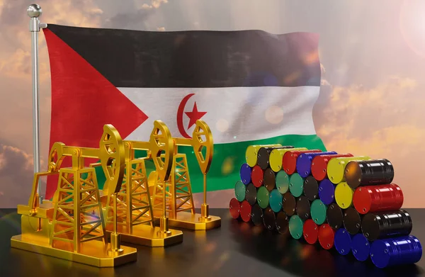 The Western Sahara\'s petroleum market. Oil pump made of gold and barrels of metal. The concept of oil production, storage and value. Western Sahara flag in background.  3d Rendering.