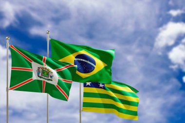 Official flags of the country Brazil, state of Goias and city of Goiania. Swaying in the wind under the blue sky. 3d rendering clipart