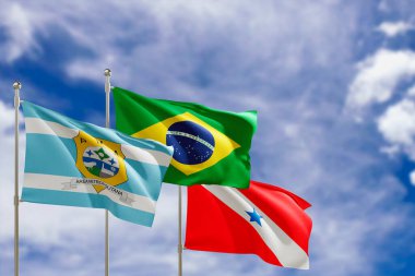 Official flags of the country Brazil, state of Para and city of Ananindeua. Swaying in the wind under the blue sky. 3d rendering clipart