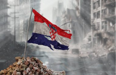 Direniş ve zaferin simgesi olarak Hırvatistan bayrağı kirli ve yırtık. Bir savaş ve yıkım sahnesi, çatışmalar tarafından yıkılan bir şehrin kalıntıları. 3B Hazırlama.