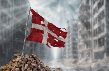 Pis ve yırtık Danimarka bayrağı, direnişin ve zaferin sembolü. Bir savaş ve yıkım sahnesi, çatışmalar tarafından yıkılan bir şehrin kalıntıları. 3B Hazırlama.